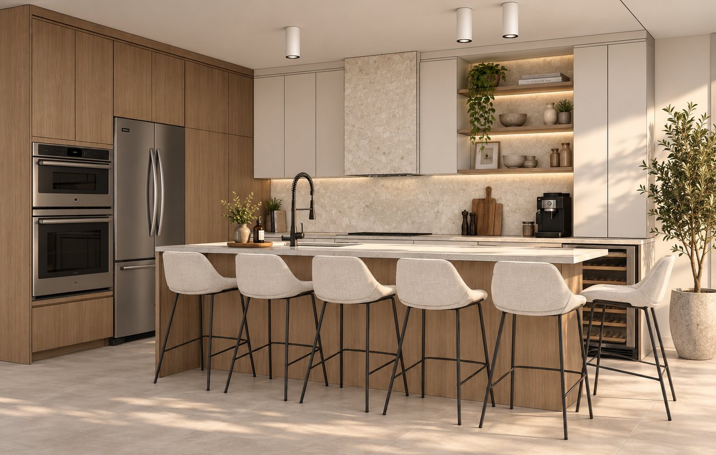 Cuisine contemporaine avec grand îlot central, armoires couleur bois naturel, rangements intégrés et finitions effet pierre