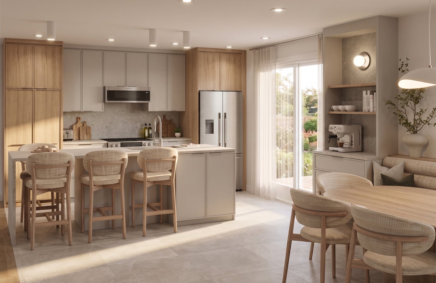 Cuisine contemporaine à aire ouverte avec îlot central, armoires en bois naturel, coin café intégré et salle à manger avec banquette
