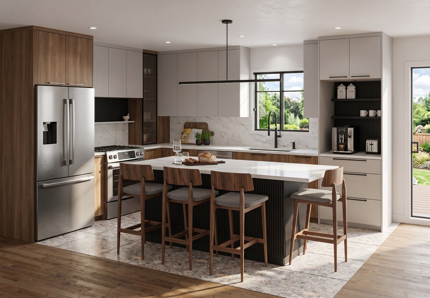 Cuisine contemporaine aux contrastes marqués avec grand îlot central noir cannelé, bois texturé, comptoirs de quartz blanc veiné et coin café intégré