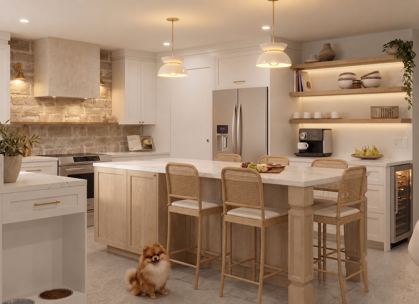 Cuisine champêtre chic avec mur de pierre, îlot en bois clair, armoires blanches, tablettes ouvertes éclairées et tabourets en rotin