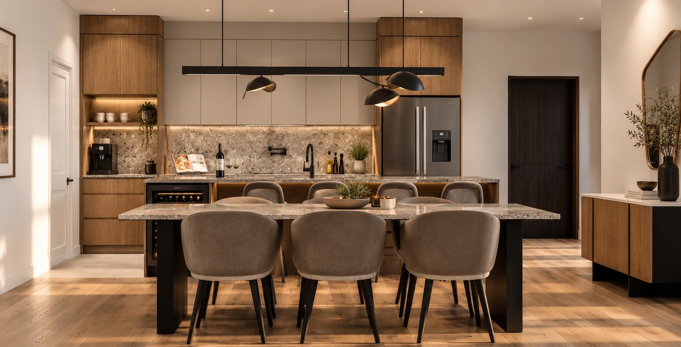 Cuisine et salle à manger à aire ouverte avec grand îlot en terrazzo gris, bois naturel, accents noirs et armoires aux teintes neutres