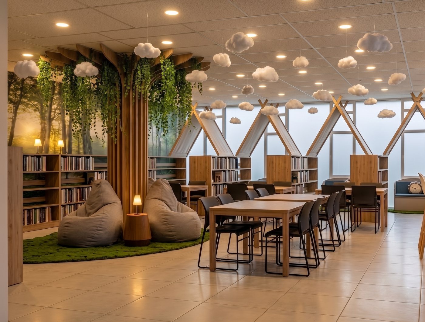 Bibliothèque scolaire inspirée de la nature avec arbre central végétalisé, cabanes de lecture en bois, nuages suspendus, fauteuils poires et tables de travail