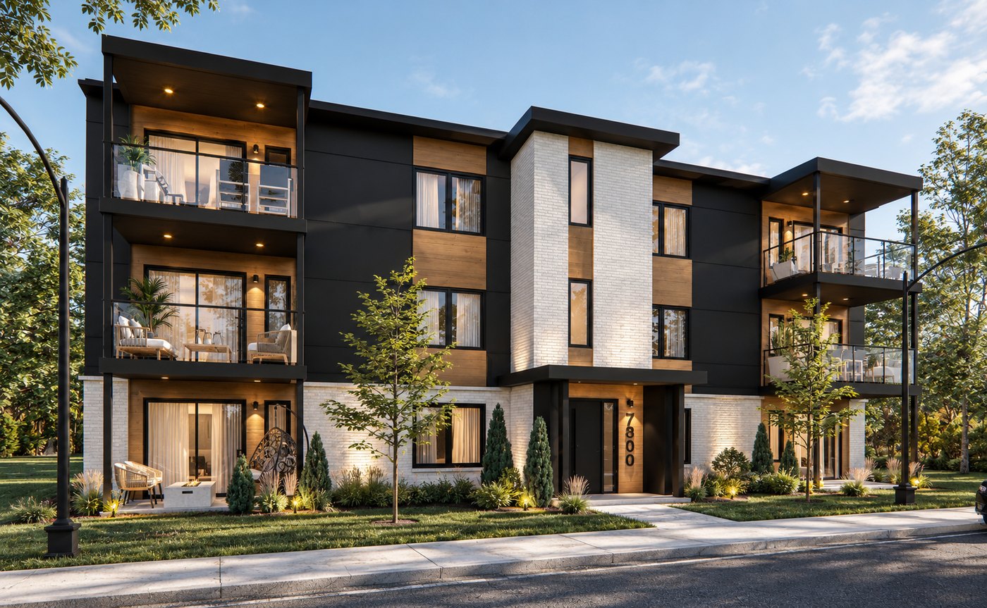 Immeuble locatif contemporain de trois étages avec balcons, revêtements noirs, accents de bois et briques blanches, dans le District 55 à Trois-Rivières