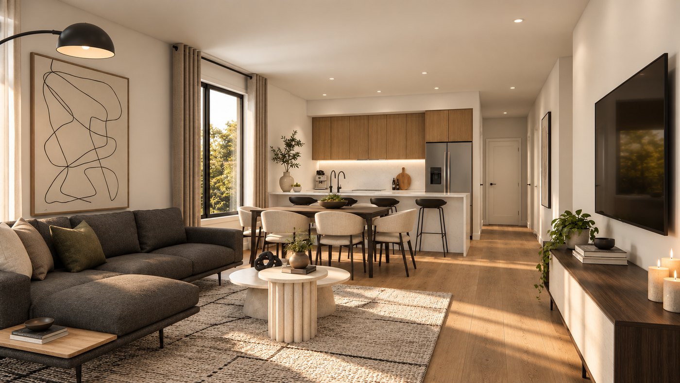 Aménagement à aire ouverte d'un logement avec salon, salle à manger et cuisine, bois naturel, tons neutres et grand tapis texturé