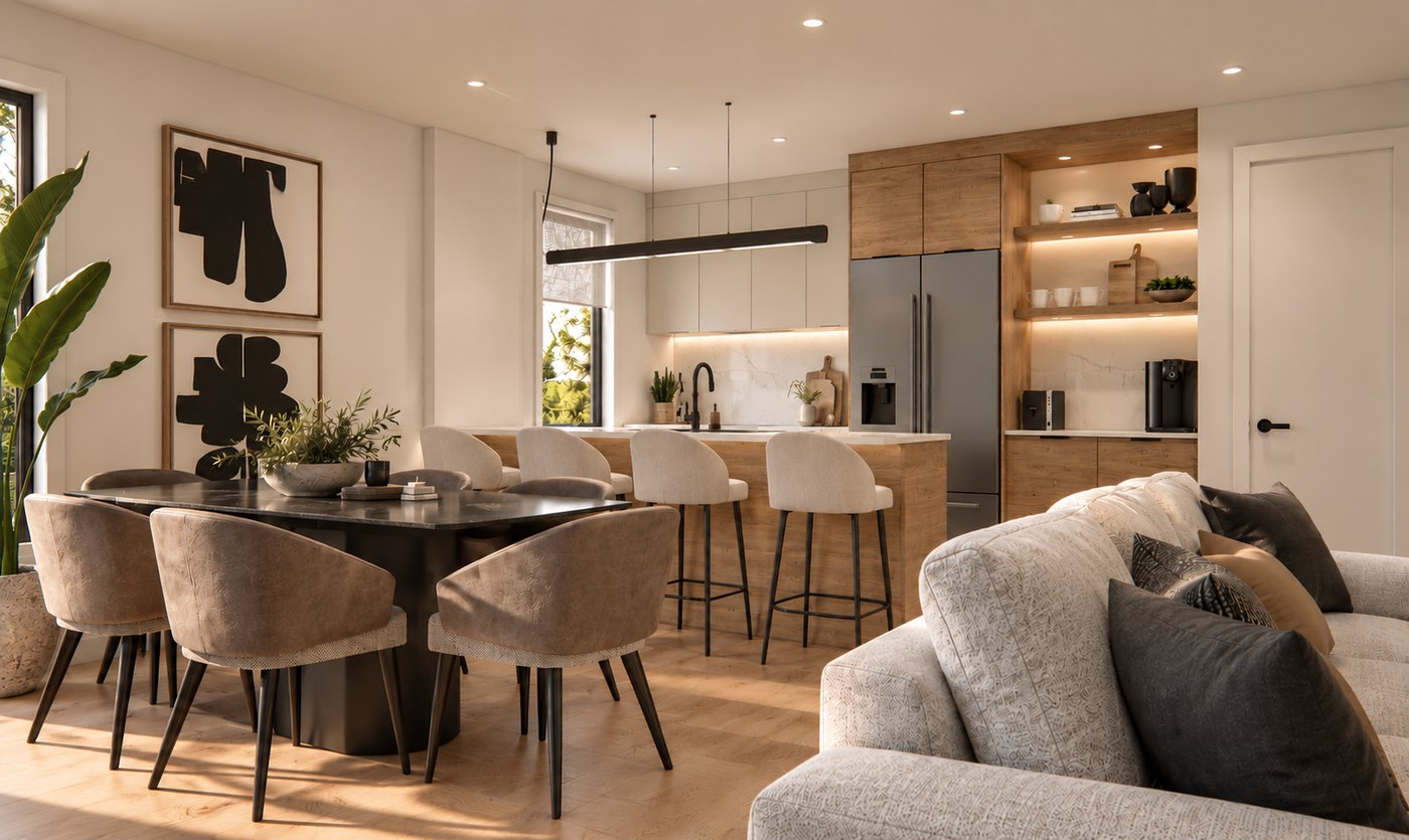 Aire ouverte d'un logement haut de gamme avec salle à manger, cuisine en bois naturel et salon aux tons neutres