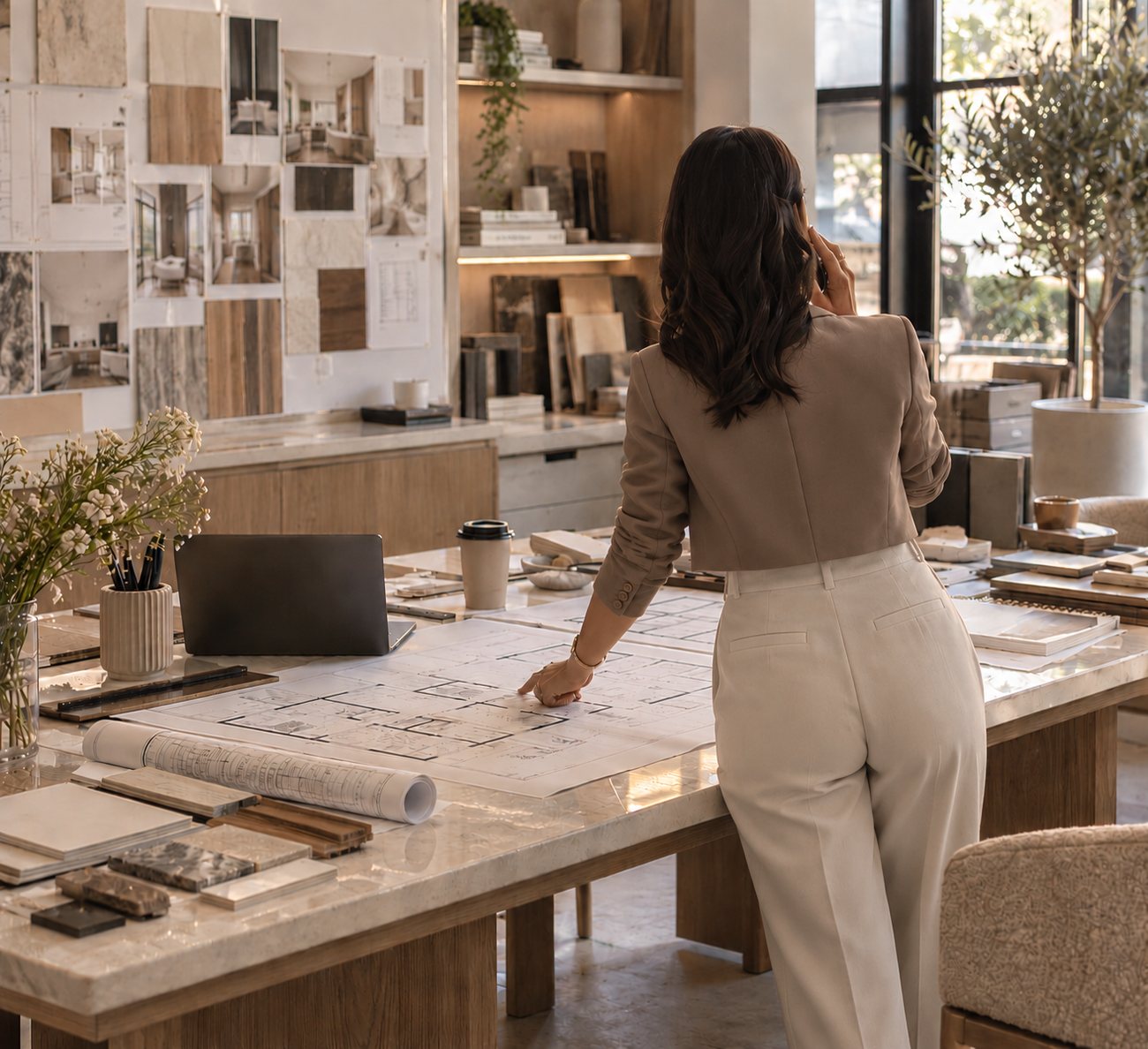 Designer d'intérieur en veste taupe et pantalon ivoire, de dos et au téléphone, penchée sur des plans déroulés sur une grande table avec échantillons de matériaux, et planche d'inspiration au mur