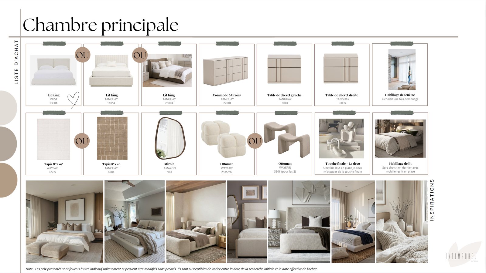 Liste d'achats d'une chambre principale : lits, commode, tables de chevet, tapis, miroir et ottomans, avec une planche d'inspirations
