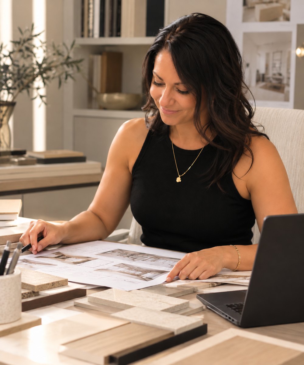 Maude Béliveau, designer d'intérieur, examinant des plans et des échantillons de matériaux à son bureau