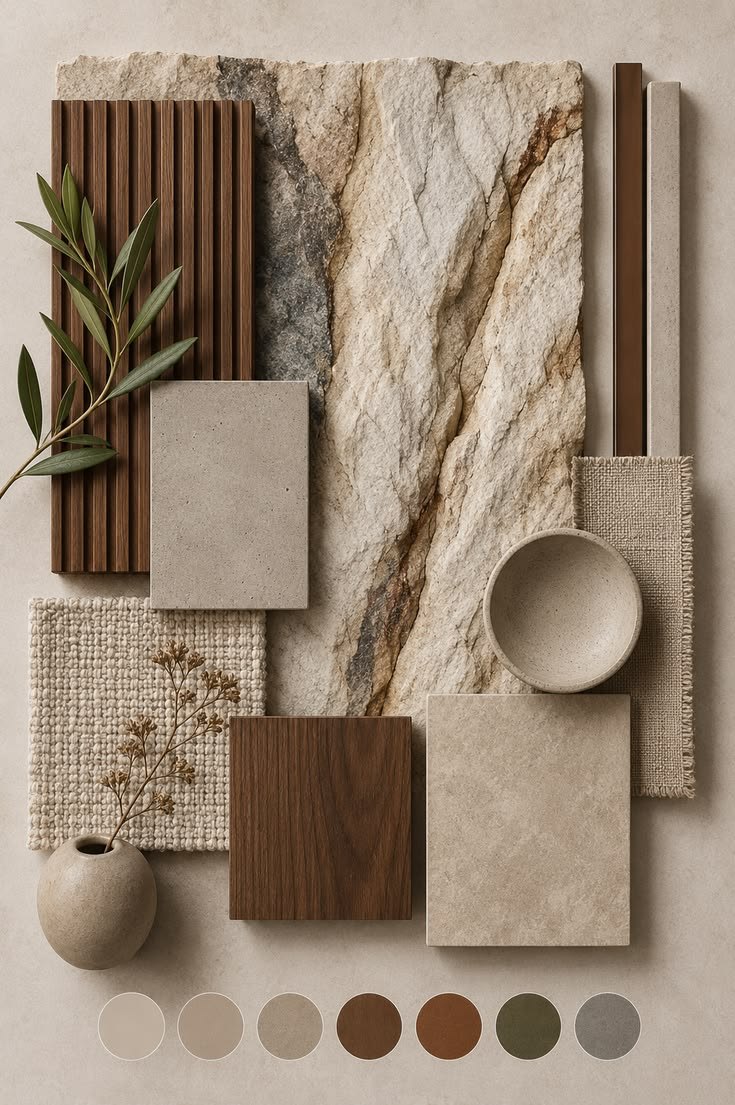 Planche d'inspiration de matériaux : pierre naturelle, bois cannelé, échantillons de pierre, tissus texturés et palette de tons neutres